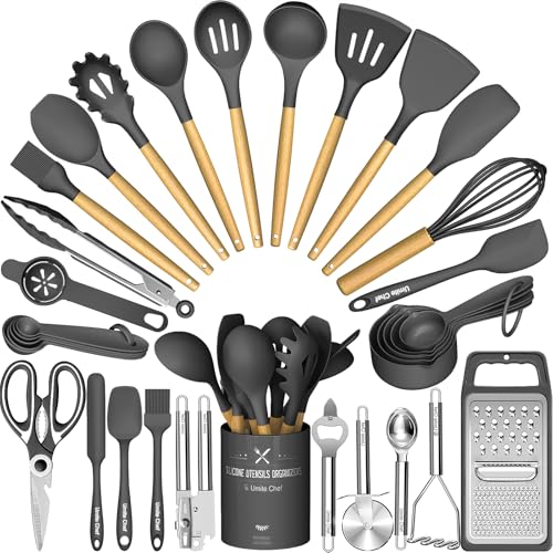 Umite Chef Silicone Kitchen Utensil Set, 34PCS Heat Resistant Kitchen Gadgets and Tools With Grater, Wood Handles for Nonstick Cookware