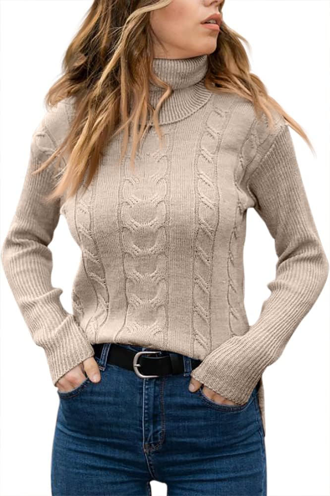 Langwyqu Womens' Turtleneck Long Sleeve Cable Knit Sweaters