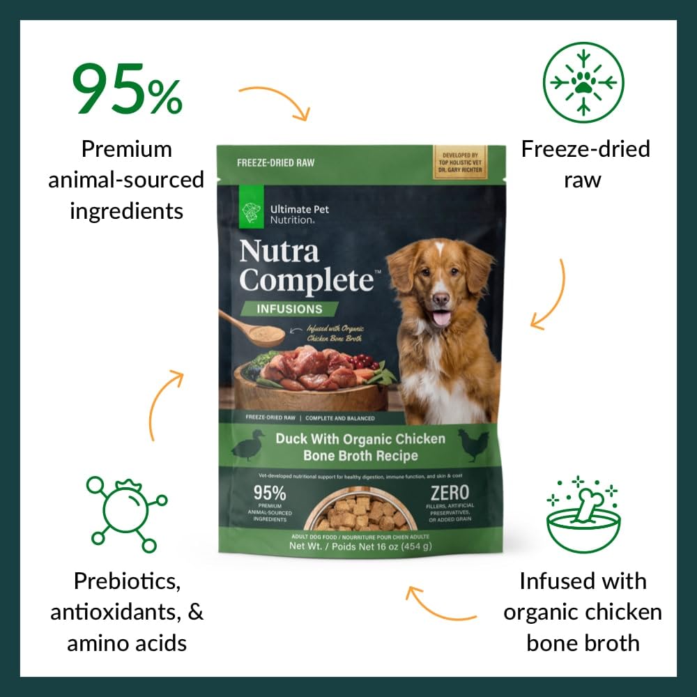 ULTIMATE PET NUTRITION Nutra Complete, 100% Freeze Dried Veterinarian Formulated Raw Dog Food with Antioxidants Prebiotics and Amino Acids (1 Pound, Beef)