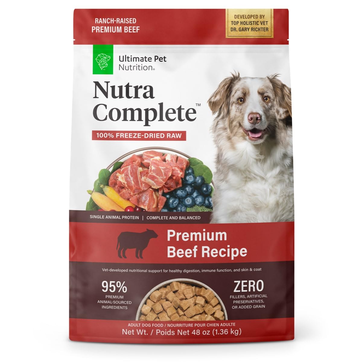 ULTIMATE PET NUTRITION Nutra Complete, 100% Freeze Dried Veterinarian Formulated Raw Dog Food with Antioxidants Prebiotics and Amino Acids (1 Pound, Beef)