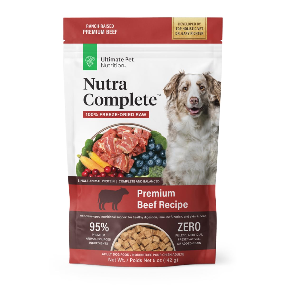 ULTIMATE PET NUTRITION Nutra Complete, 100% Freeze Dried Veterinarian Formulated Raw Dog Food with Antioxidants Prebiotics and Amino Acids (1 Pound, Beef)