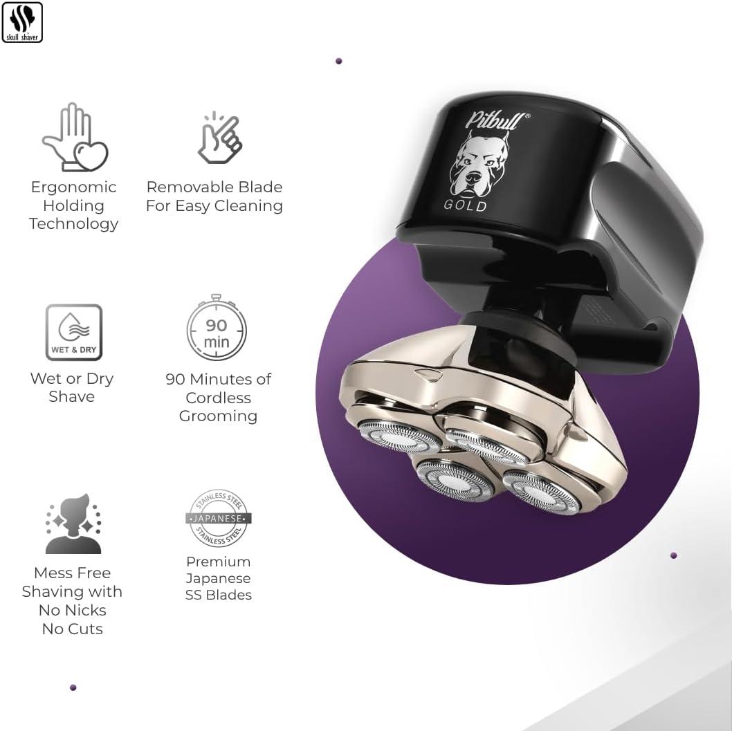 Skull Shaver Pitbull Gold PRO Head and Face Shaver: Holiday Gift Set for Men, 5-in-1 Premium Bald Head Electric Head Shaver, Wet and Dry Easy Head Shaver