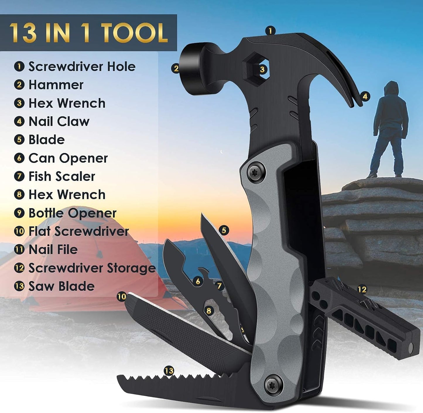 Multitool Camping Accessories Stocking Stuffers for Men Dad Gifts, 13 In 1 Survival Multi Tools Hammer Christmas Cool Gadgets for Adults Him Boyfriend Husband Grandpa Women Birthday Valentines Fathers