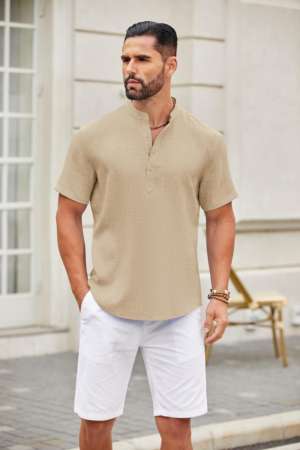 COOFANDY Men's Casual Henley Shirt Short Sleeve Summer Shirts Linen Band Collar Summer Beach Hippie T-Shirts