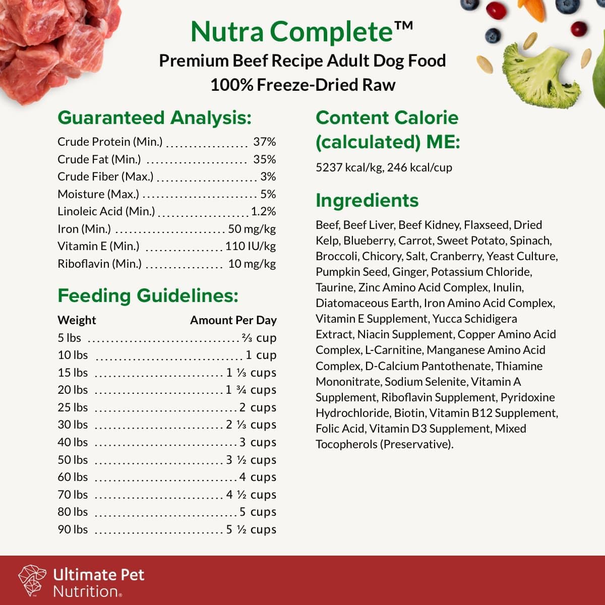 ULTIMATE PET NUTRITION Nutra Complete, 100% Freeze Dried Veterinarian Formulated Raw Dog Food with Antioxidants Prebiotics and Amino Acids (1 Pound, Beef)