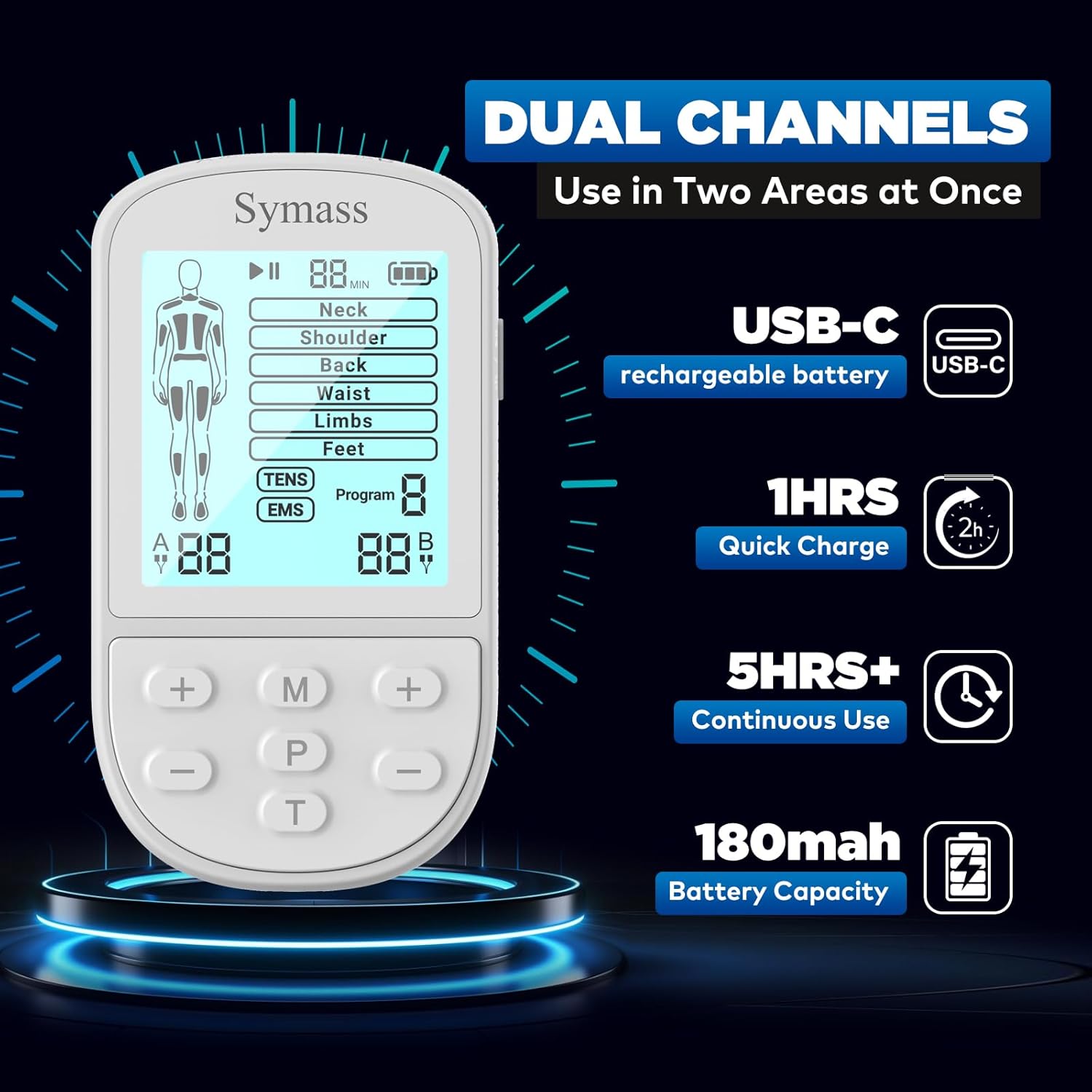 TENS Unit Muscle Stimulator, EMS Massager Machine, Dual Channel Electronic Pulse Physical Therapy Machine for Back Pain Relief, Shoulder Recovery, Muscle Relaxation, 24 Modes,10 TENS Unit Pads, White