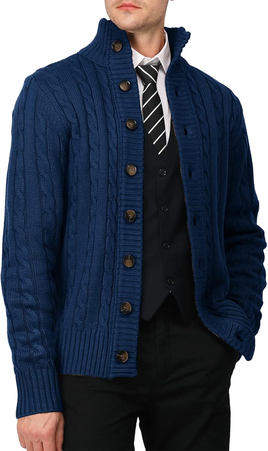 H2H Mens Cable Knitted Heavey Sweater Cardigan Thermal Button Down Closure