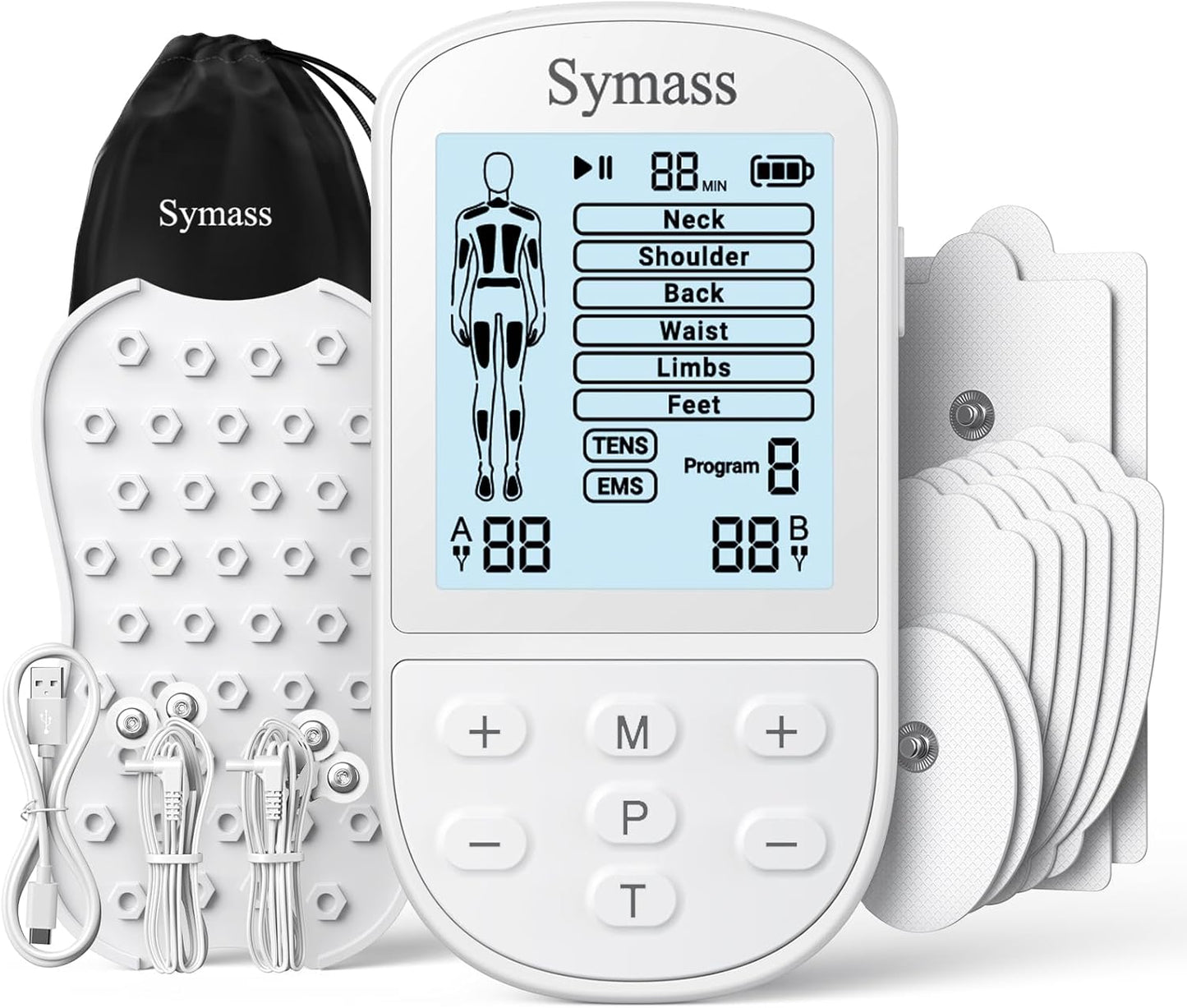 TENS Unit Muscle Stimulator, EMS Massager Machine, Dual Channel Electronic Pulse Physical Therapy Machine for Back Pain Relief, Shoulder Recovery, Muscle Relaxation, 24 Modes,10 TENS Unit Pads, White