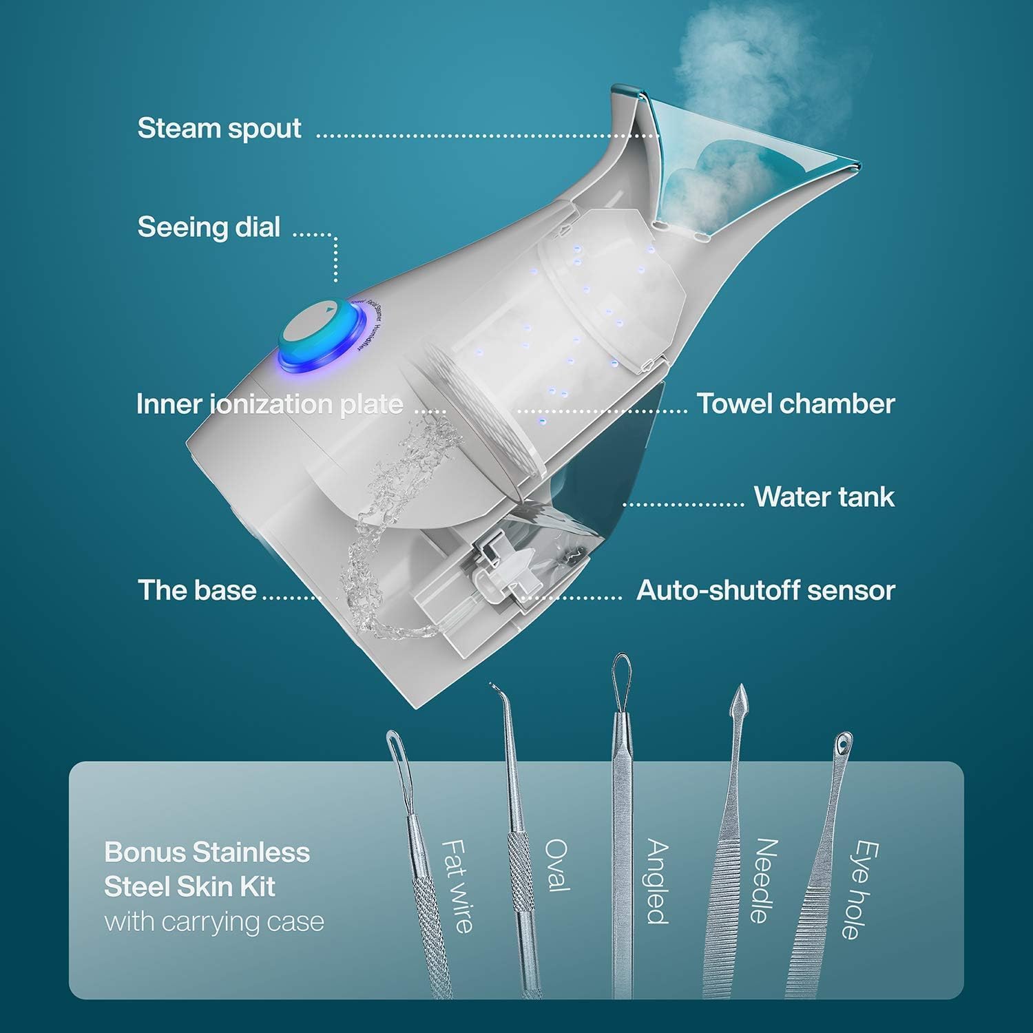 NanoSteamer Large 3-in-1 Nano Ionic Facial Steamer with Precise Temp Control - Humidifier - Unclogs Pores - Blackheads - Spa Quality - Bonus 5 Piece Stainless Steel Skin Kit (Teal)