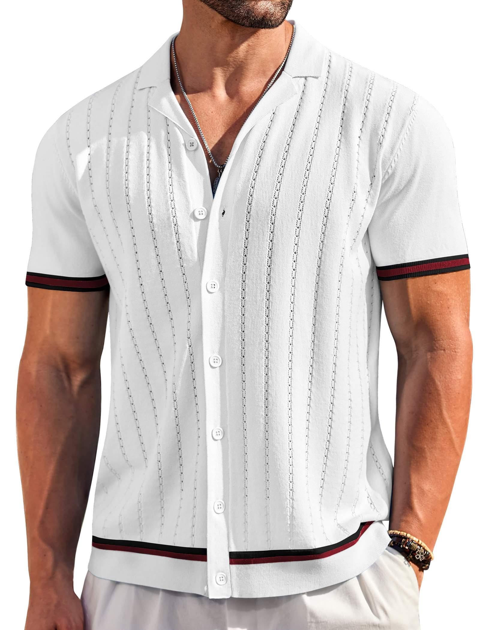 COOFANDY Men's Short Sleeve Knit Shirt Casual Button Down Shirt Vintage Striped Knitted Golf Beach Tops