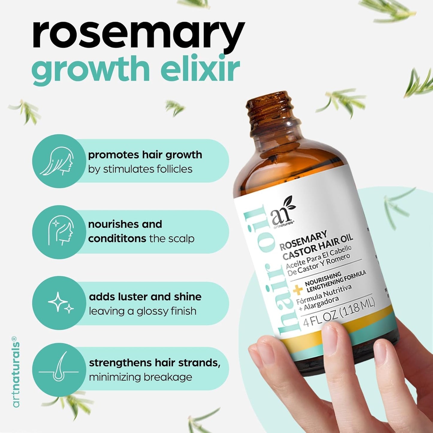 Artnaturals Organic Rosemary Castor Hair Oil + Massager Hair Growth Set Hair Growth Oil 4 ounces with Coconut & Olive Oil for Dry, Damaged & Split End