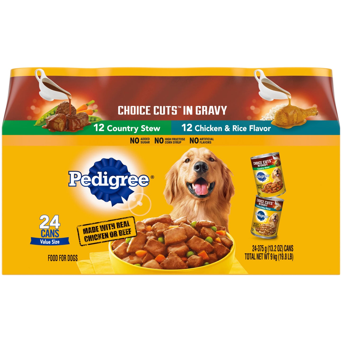 PEDIGREE CHOICE CUTS IN GRAVY Adult Canned Soft Wet Dog Food Variety Pack, Prime Rib, Rice & Vegetable Flavor and Roasted Chicken, 13.2 oz. Cans (Pack of 12)