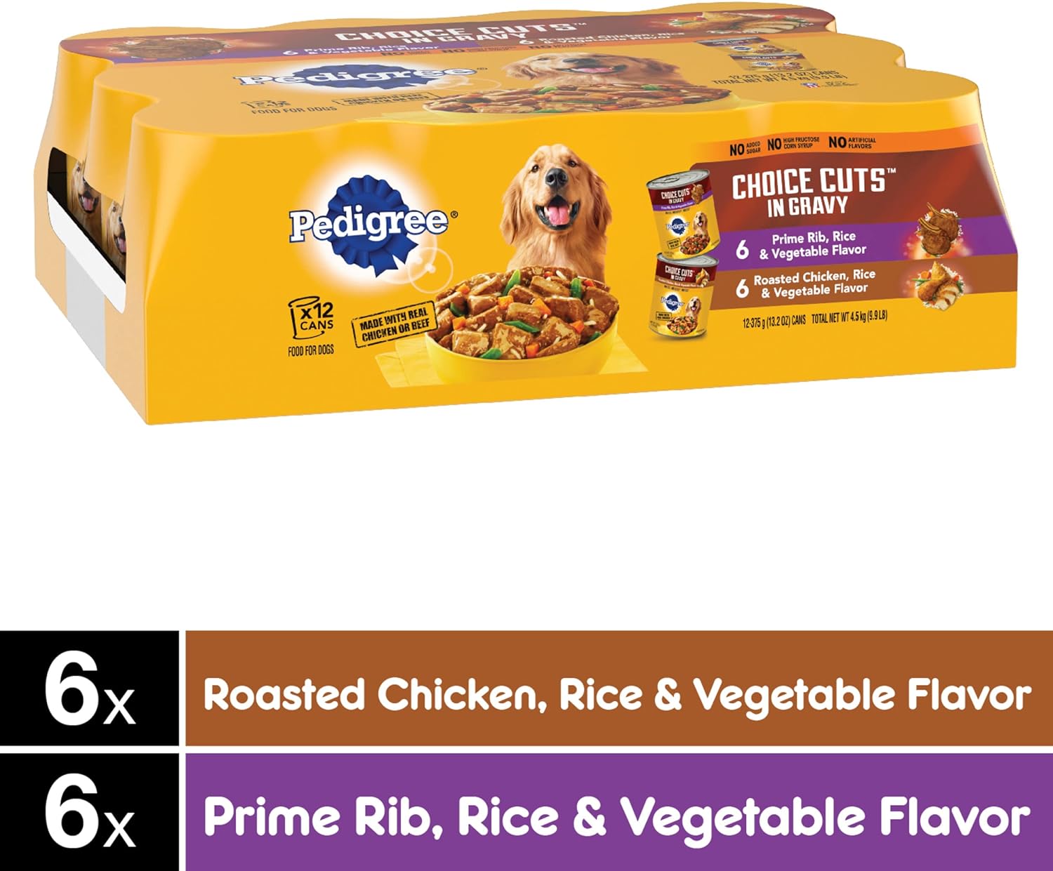 PEDIGREE CHOICE CUTS IN GRAVY Adult Canned Soft Wet Dog Food Variety Pack, Prime Rib, Rice & Vegetable Flavor and Roasted Chicken, 13.2 oz. Cans (Pack of 12)