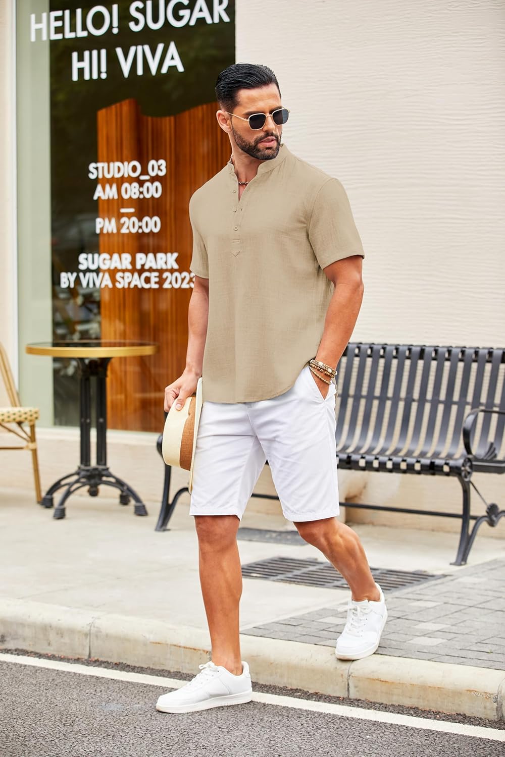 COOFANDY Men's Casual Henley Shirt Short Sleeve Summer Shirts Linen Band Collar Summer Beach Hippie T-Shirts