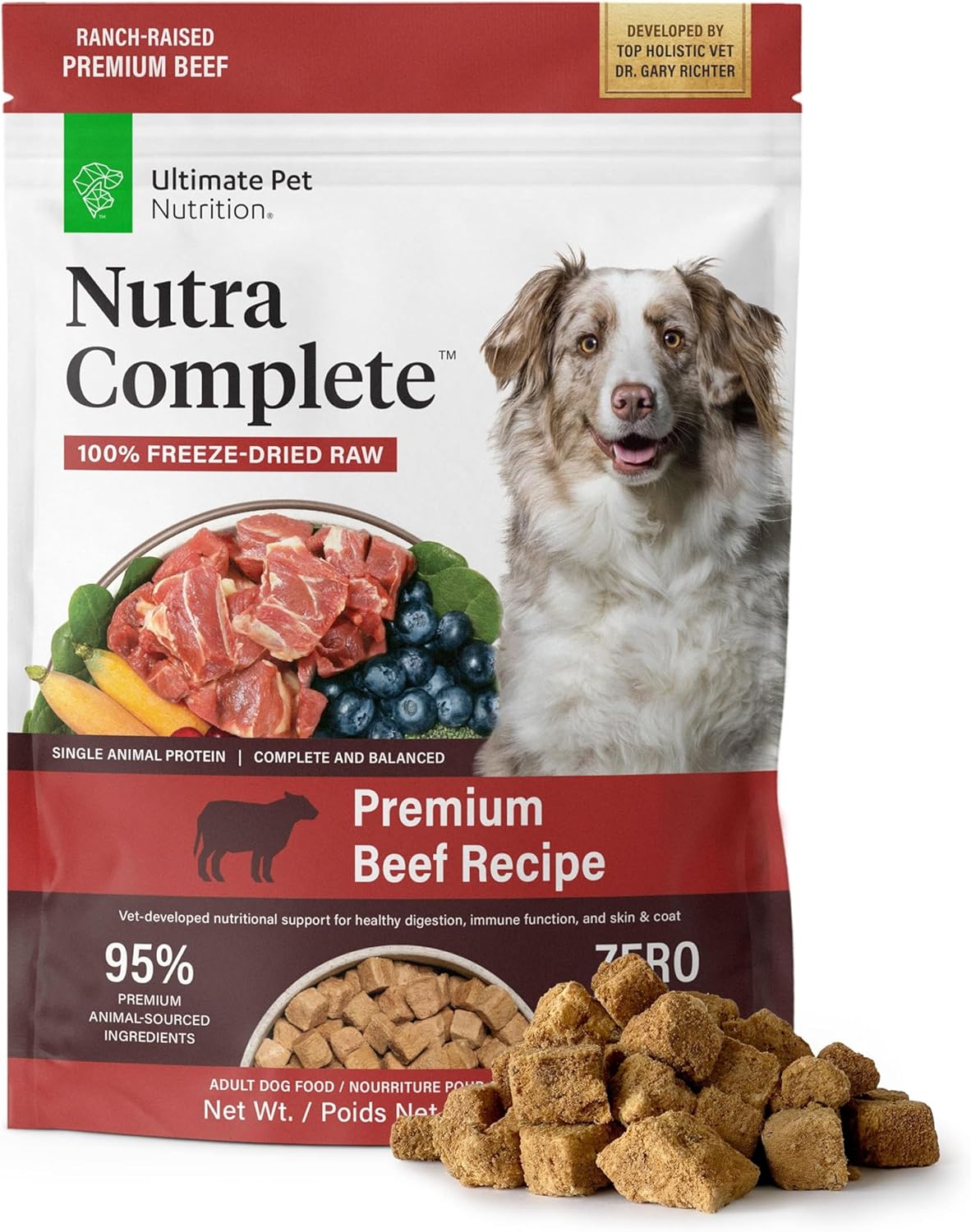 ULTIMATE PET NUTRITION Nutra Complete, 100% Freeze Dried Veterinarian Formulated Raw Dog Food with Antioxidants Prebiotics and Amino Acids (1 Pound, Beef)