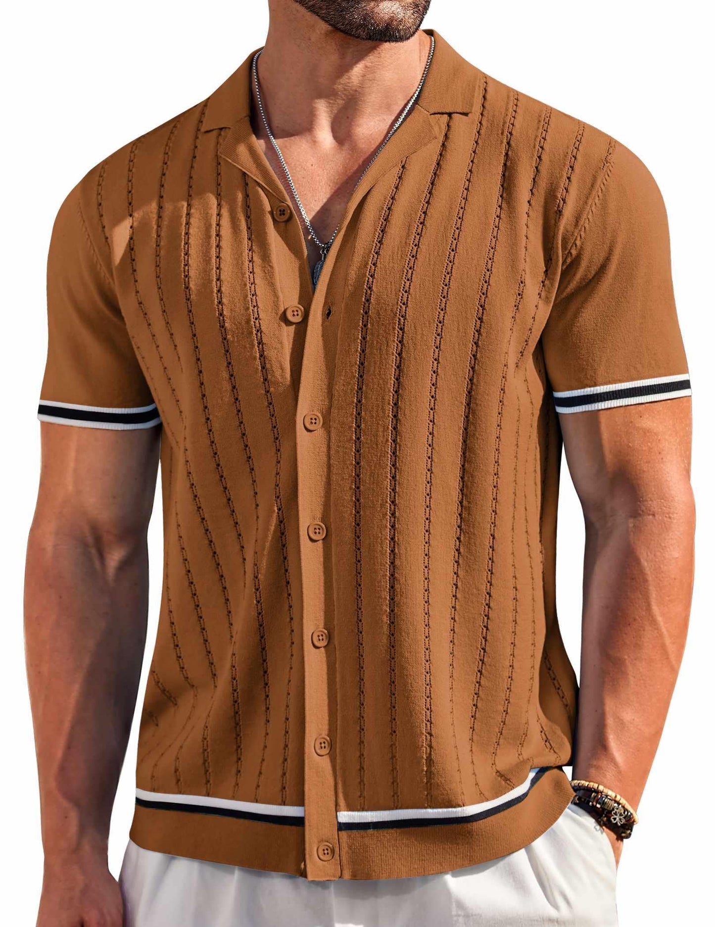 COOFANDY Men's Short Sleeve Knit Shirt Casual Button Down Shirt Vintage Striped Knitted Golf Beach Tops