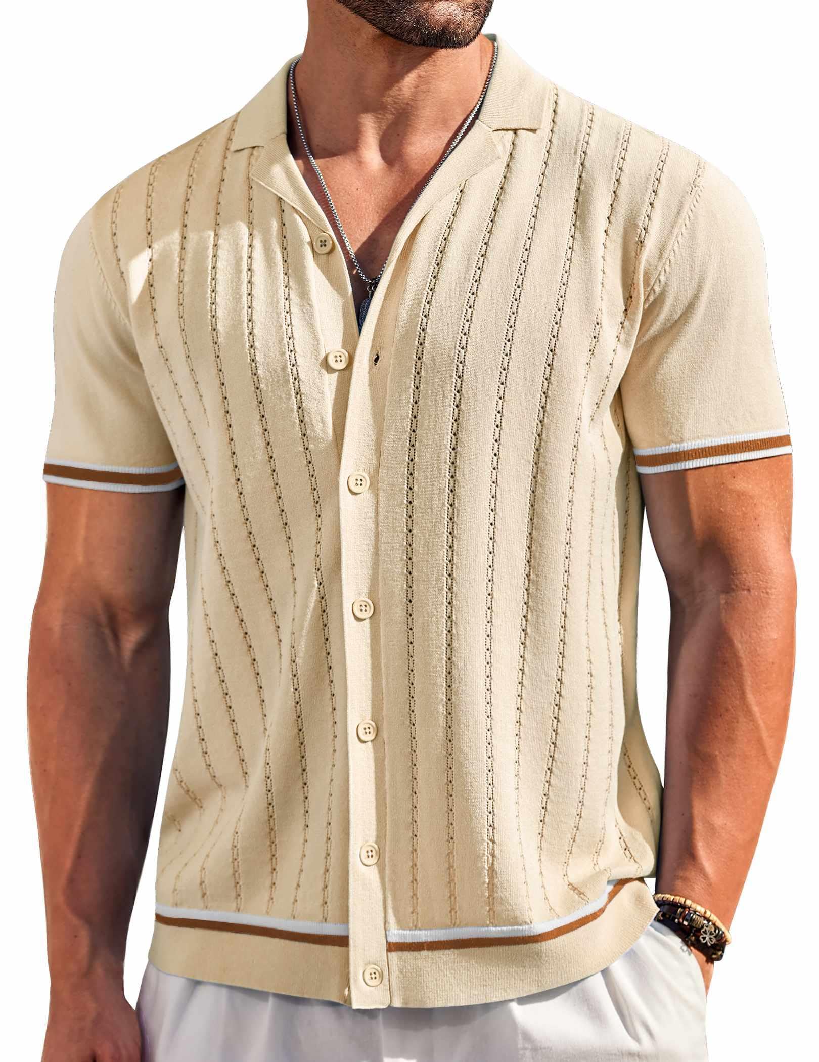 COOFANDY Men's Short Sleeve Knit Shirt Casual Button Down Shirt Vintage Striped Knitted Golf Beach Tops