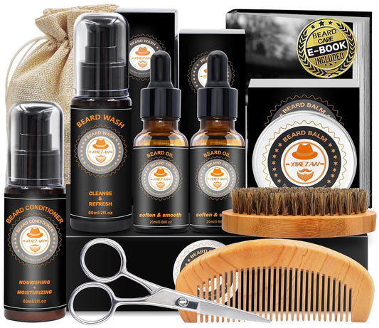 Upgraded Beard Grooming Kit w/Beard Conditioner,Beard Oil,Beard Balm,Beard Brush,Beard Wash,Beard Comb,Beard Scissor,Bag,E-Book,Birthday Gifts Valentines Day Gifts for Men Him Dad Husband Boyfriend