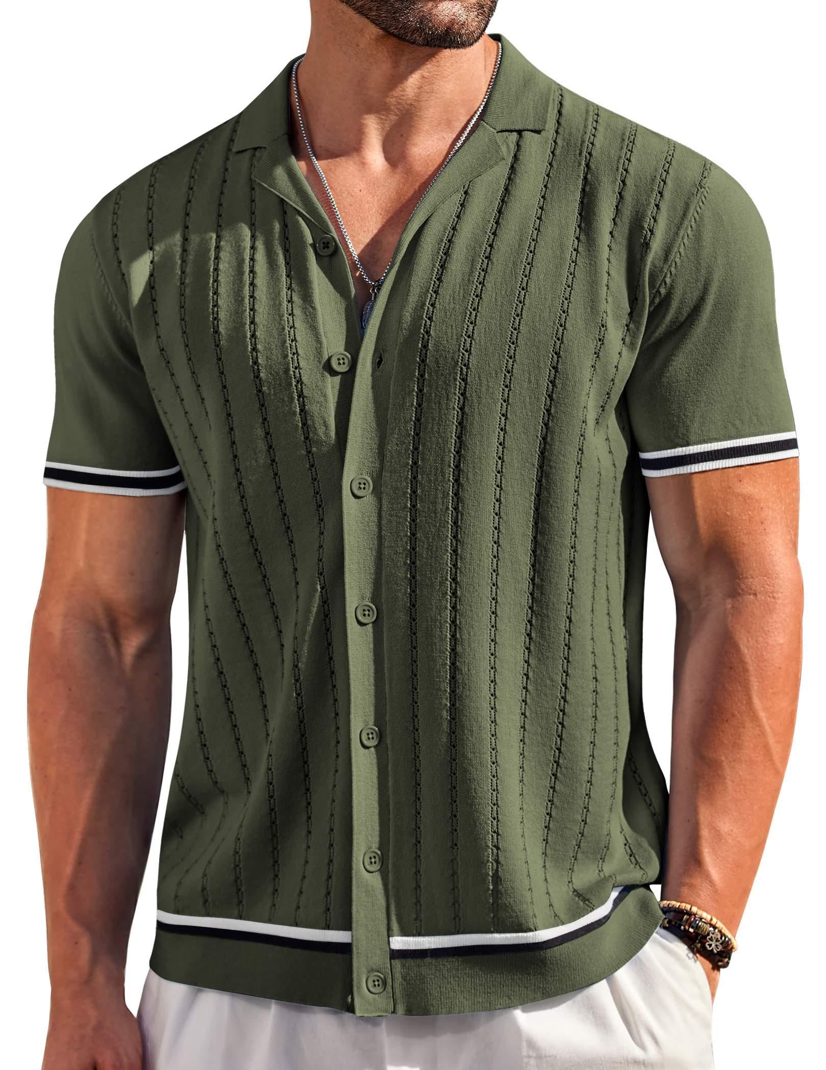 COOFANDY Men's Short Sleeve Knit Shirt Casual Button Down Shirt Vintage Striped Knitted Golf Beach Tops