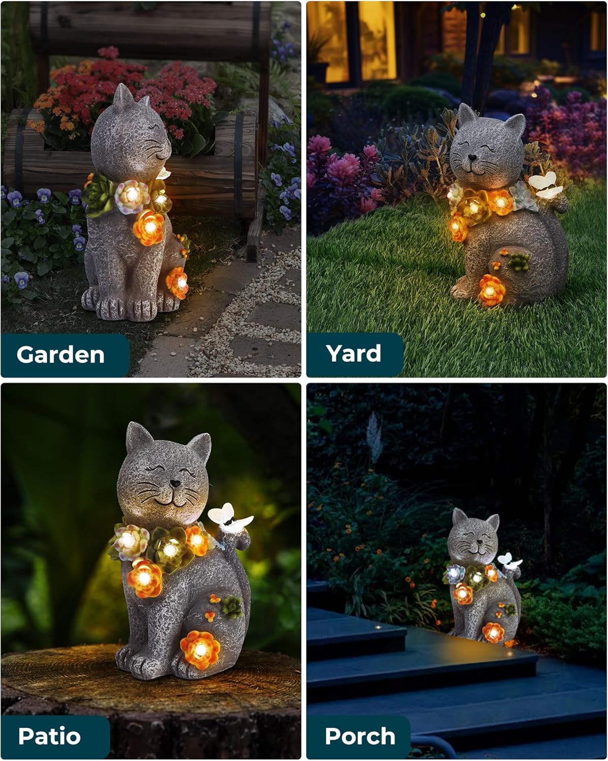 Solar Garden Statues Lights, Cat Figurines Succulent Flower Butterfly Art Design for Home, Outdoor, Patio, Porch, Yard, Balcony Ornament, Unique Gift Ideas for Housewarming Gardening Mom Grandma