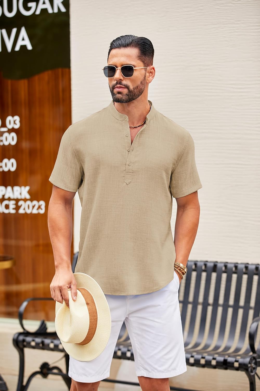 COOFANDY Men's Casual Henley Shirt Short Sleeve Summer Shirts Linen Band Collar Summer Beach Hippie T-Shirts