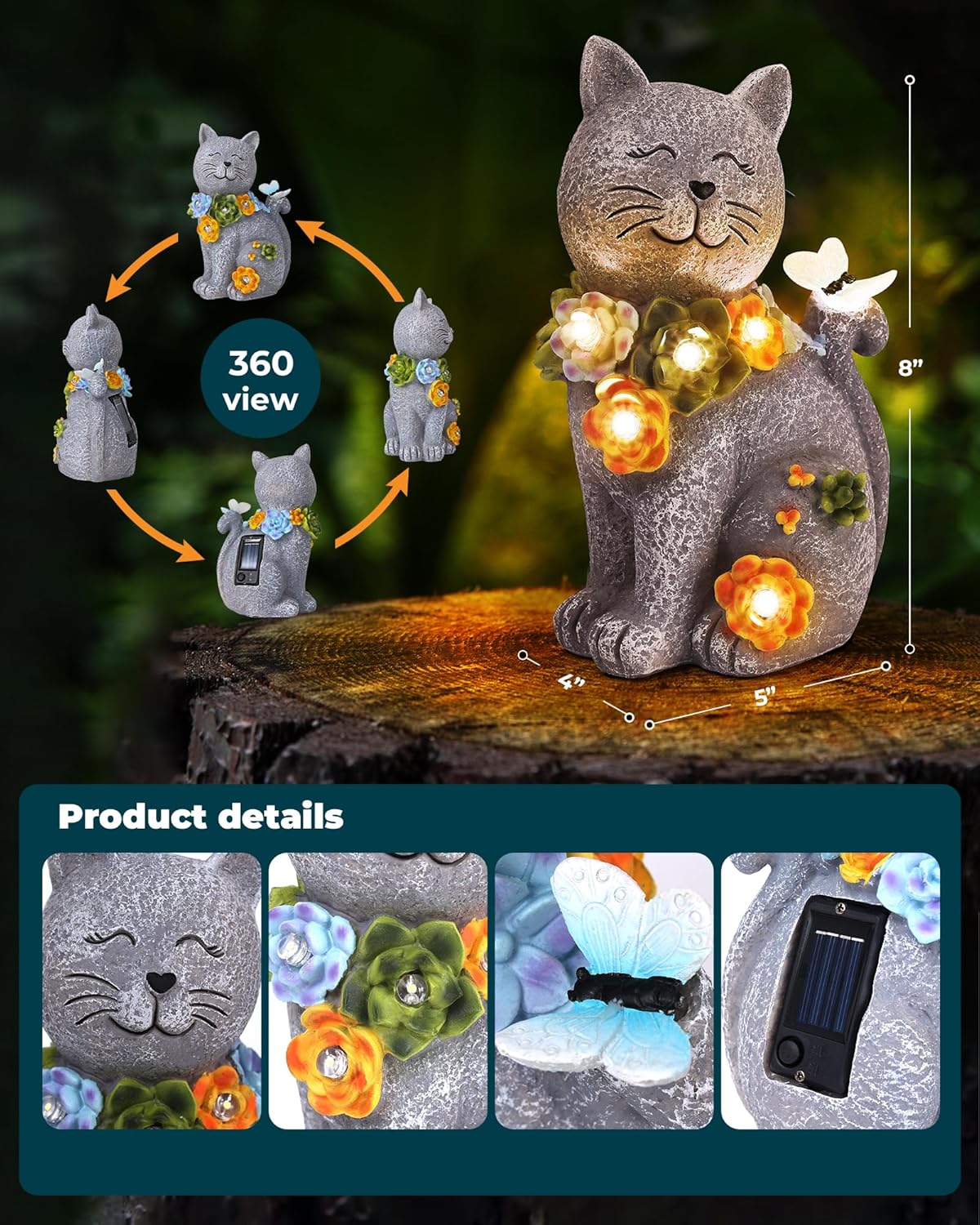 Solar Garden Statues Lights, Cat Figurines Succulent Flower Butterfly Art Design for Home, Outdoor, Patio, Porch, Yard, Balcony Ornament, Unique Gift Ideas for Housewarming Gardening Mom Grandma