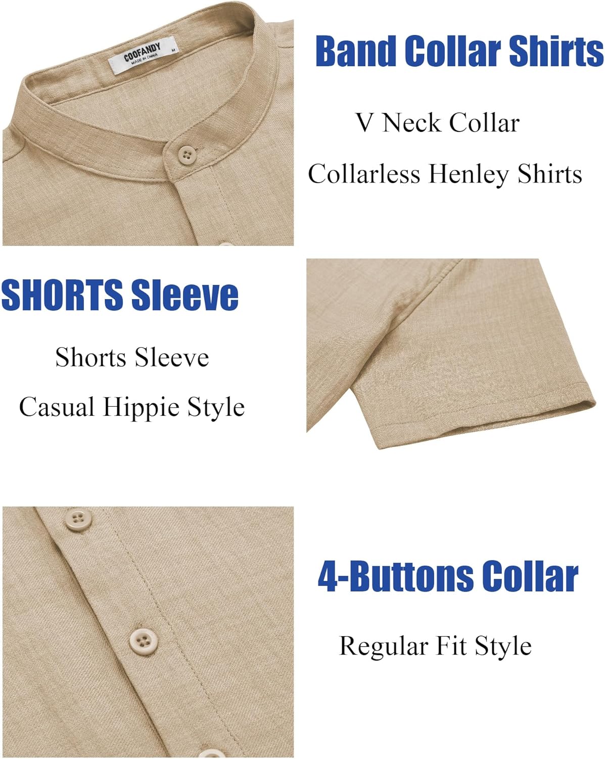 COOFANDY Men's Casual Henley Shirt Short Sleeve Summer Shirts Linen Band Collar Summer Beach Hippie T-Shirts