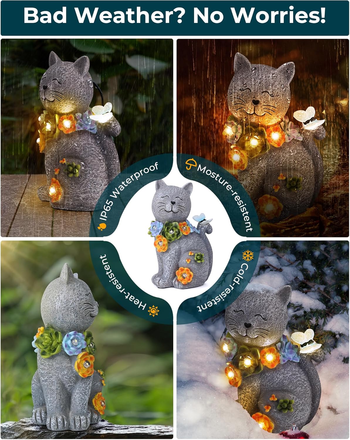 Solar Garden Statues Lights, Cat Figurines Succulent Flower Butterfly Art Design for Home, Outdoor, Patio, Porch, Yard, Balcony Ornament, Unique Gift Ideas for Housewarming Gardening Mom Grandma