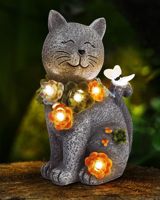 Solar Garden Statues Lights, Cat Figurines Succulent Flower Butterfly Art Design for Home, Outdoor, Patio, Porch, Yard, Balcony Ornament, Unique Gift Ideas for Housewarming Gardening Mom Grandma